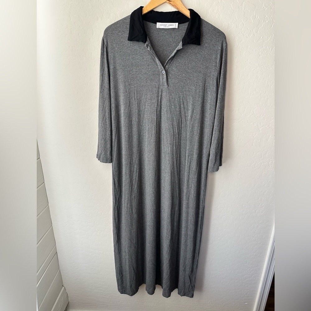 Sonnet James Gray Maxi Play Dress Size Medium Black Collar 3/4 Sleeve
